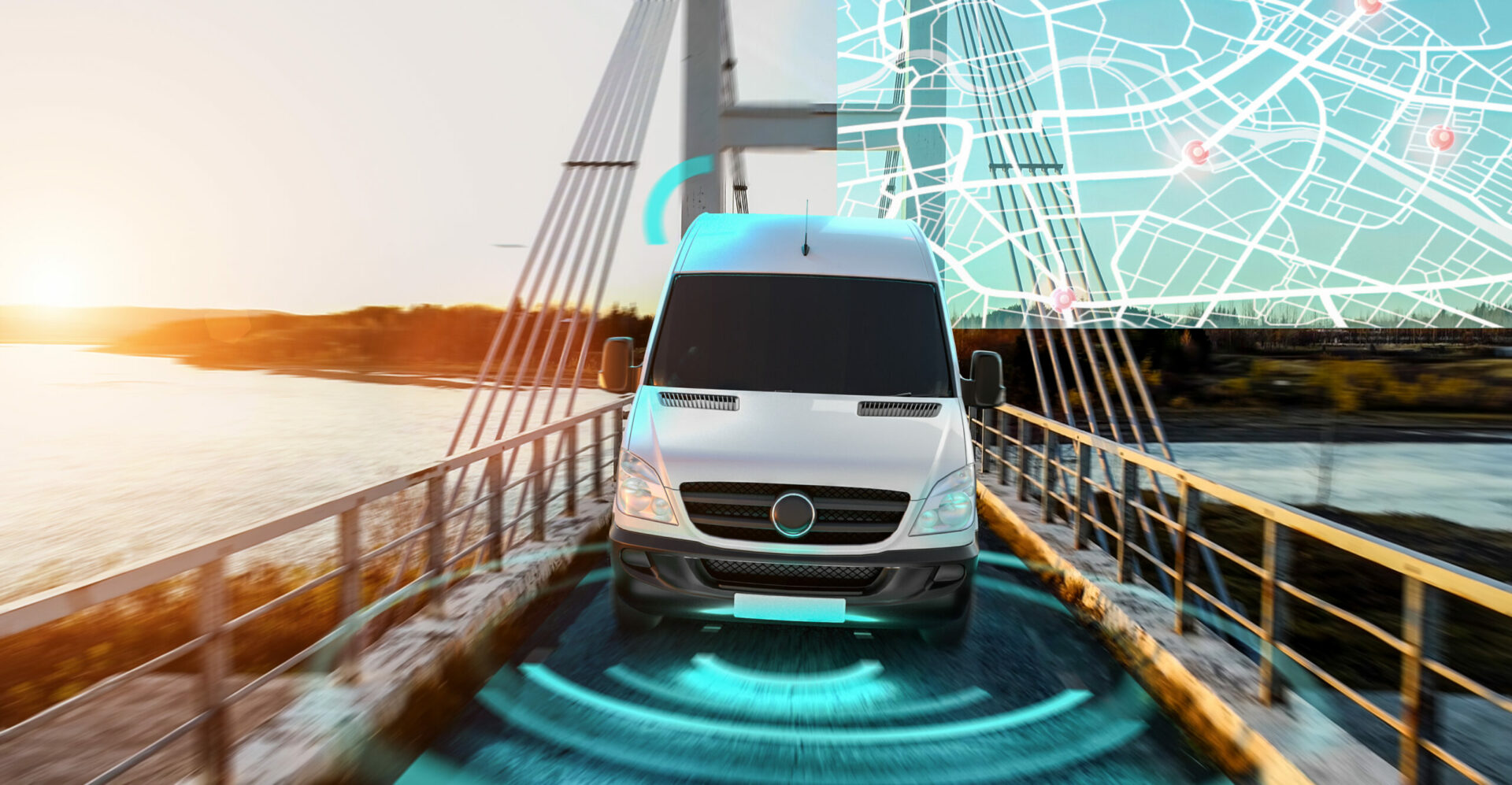 Ein Lieferwagen überquert eine Brücke, während eine digitale Karte Fahrzeugortung und GPS Ortung visualisiert.
