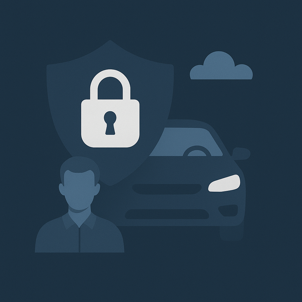 Ein Schloss-Symbol vor einem Auto und einer Person repräsentiert Sicherheit durch GPS Ortung und Fahrzeugortung.