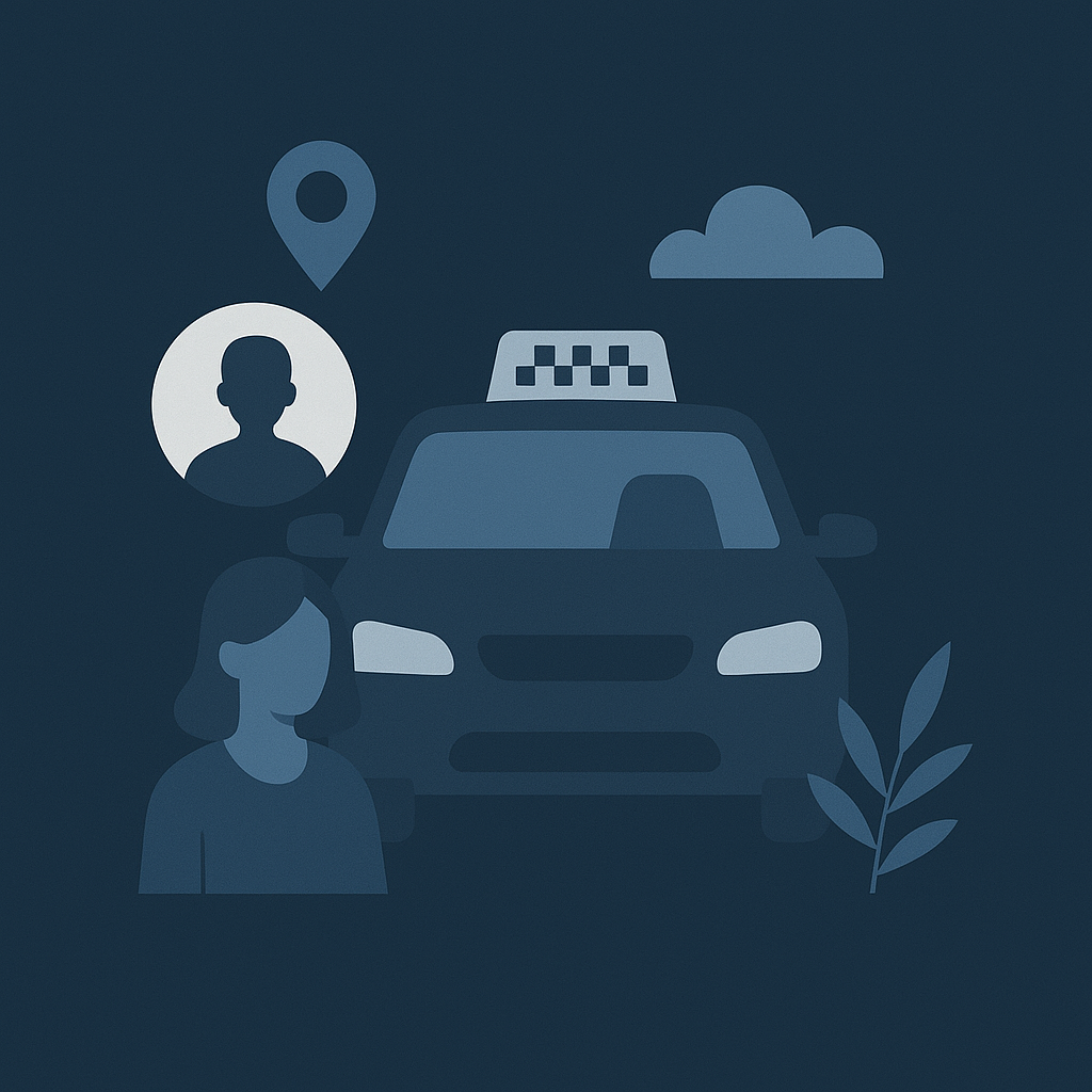 Eine Grafik zeigt ein Taxi mit GPS Ortung, umgeben von Symbolen für Ortungslösungen und einem Fahrgast.