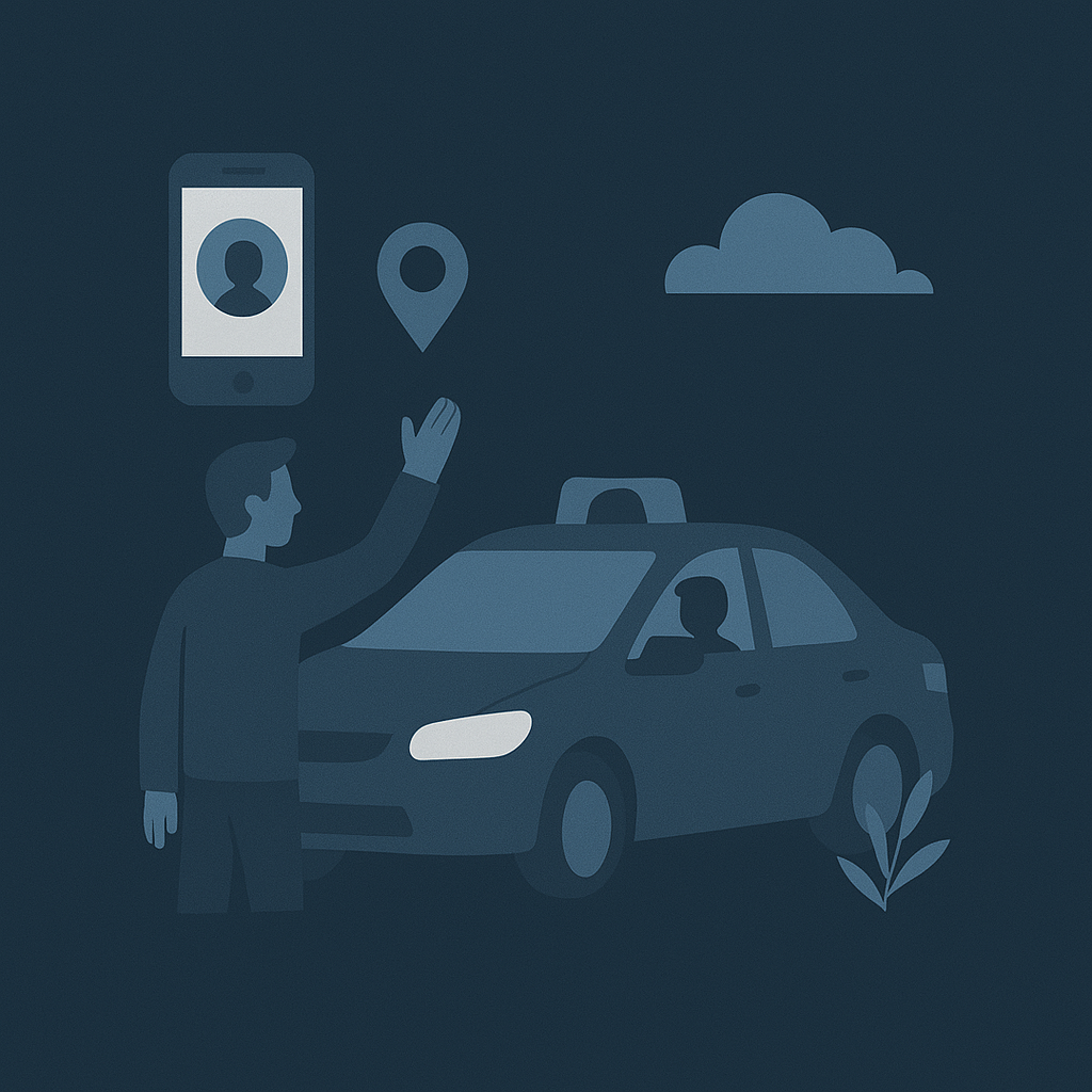 Ein Mann bestellt ein Taxi mithilfe von GPS Ortung über sein Smartphone, während das Taxi wartet.