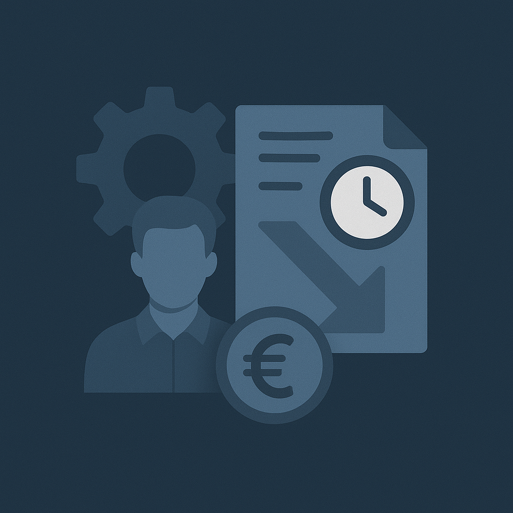 Eine Grafik zeigt eine Person, ein Zahnrad, ein Papier mit Uhr und ein Euro-Symbol, die den Verwaltungsaufwand darstellen.