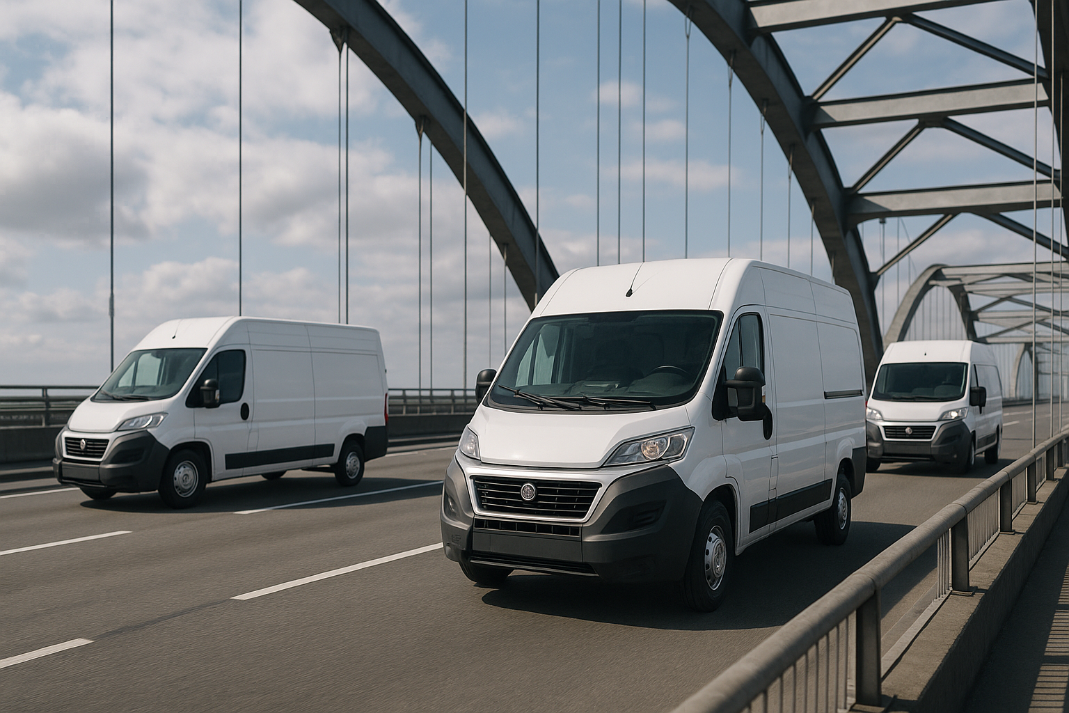 Drei weiße Lieferwagen fahren über eine Brücke, ideal für GPS Ortung und effiziente Fahrzeugortung.