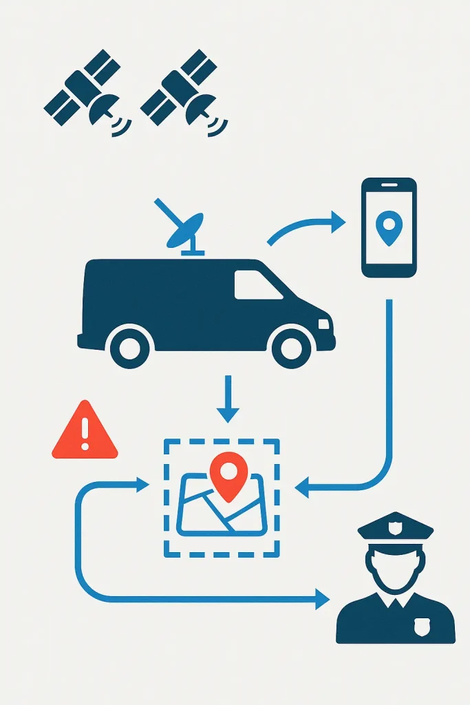 Ein Diagramm zeigt die GPS Ortung eines Fahrzeugs mit Satelliten, einem Smartphone und einer Karte, um Fahrzeugortung zu veranschaulichen.