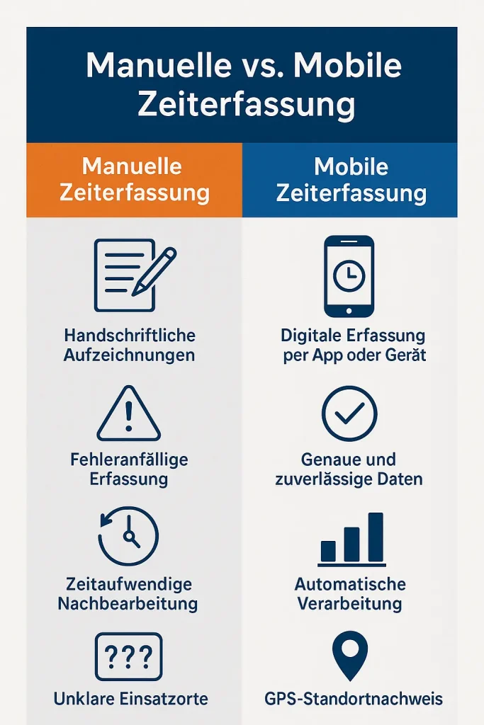 Ein Vergleichsbild zeigt die Vorteile der mobilen Zeiterfassung mit GPS Ortung gegenüber der manuellen Methode.